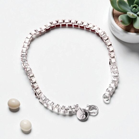 4MM box chain 925 Stamp Silver color Bracelet 7” Unisex - Picture 3 of 4